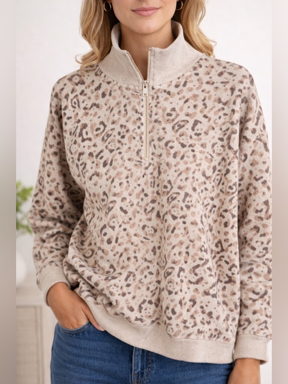 Aerie Animal Print Quarter Zip Sweatshirt – Oversized Fit